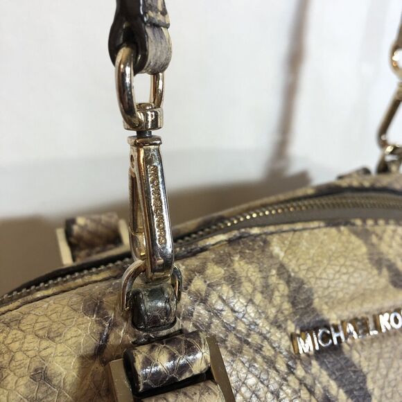Michael Kors Riley Black Tan Beige Python Embossed Leather Satchel Crossbody - Picture 8 of 16